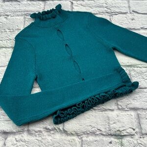For Love And Lemons XS Cropped Sweater ShimmerTeal Mock Neck Cut Out Ruffle